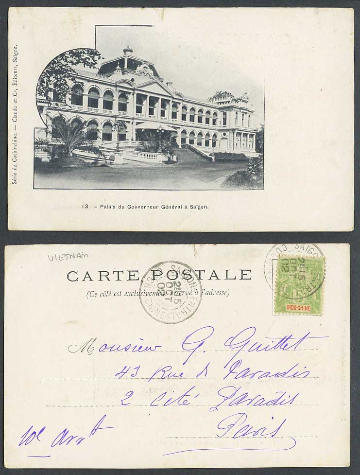 Indo-China 5c 1902 Old UB Postcard Saigon Palais du Gouverneur General Governor