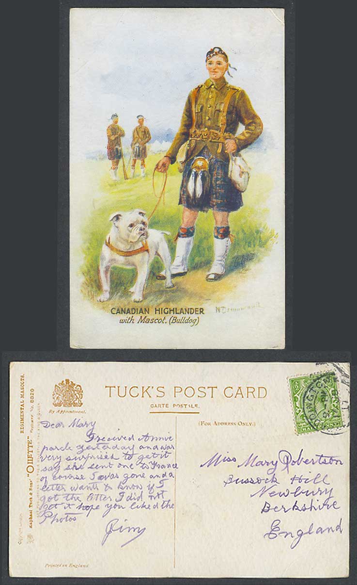 Bulldog Bull Dog Canadian Highlander Tuck's Regimental Mascots 1917 Old Postcard