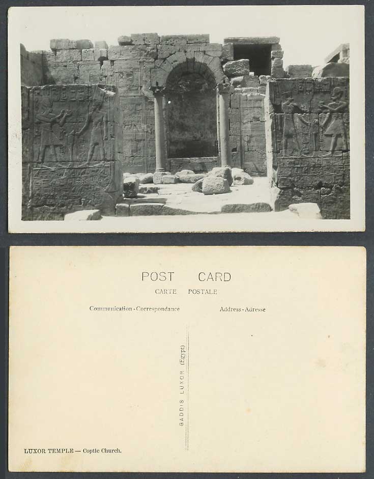 Egypt Old Real Photo Postcard Luxor Temple, Coptic Church, Ruins, Wall Carvings
