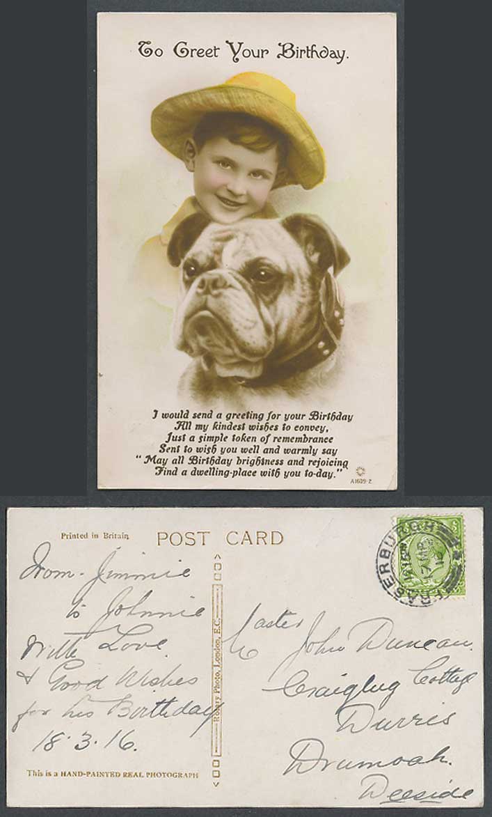 Bulldog Bull Dog Puppy and Little Boy, To Greet Your Birthday 1916 Old Postcard