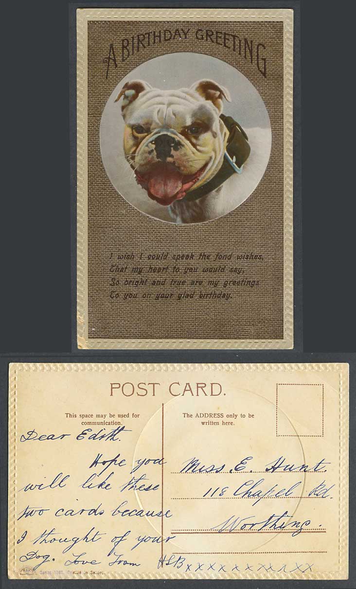 Bulldog Bull Dog Puppy Pet Animal Old Embossed Postcard A Birthday Greetings R&K