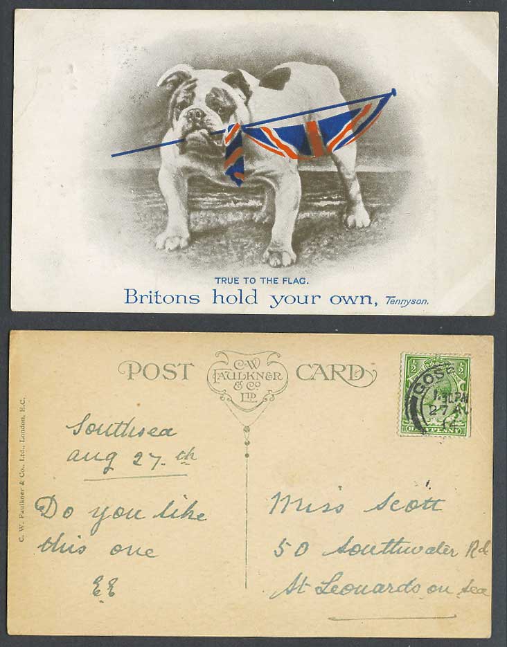 Bulldog Bull Dog, True to Flag, Britons Hold Your Own Tennyson 1914 Old Postcard