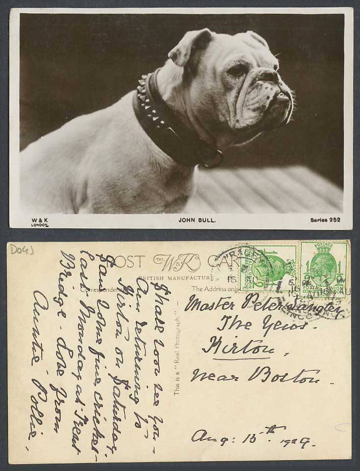 Bulldog Bull Dog Puppy Collar John Bull KG5 1/2d x2 1929 Old Real Photo Postcard