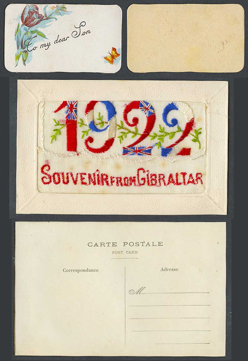 SILK Embroidered 1922 Old Postcard Souvenir from Gibraltar Wallet To My Dear Son