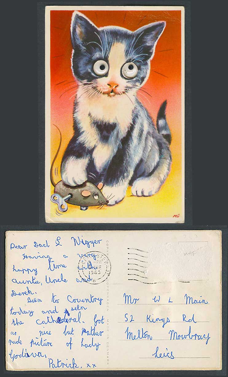 Novelty 1963 Old Postcard ROLLING EYES Cat Kitten Playing with Toy Mouse Rat, Mü