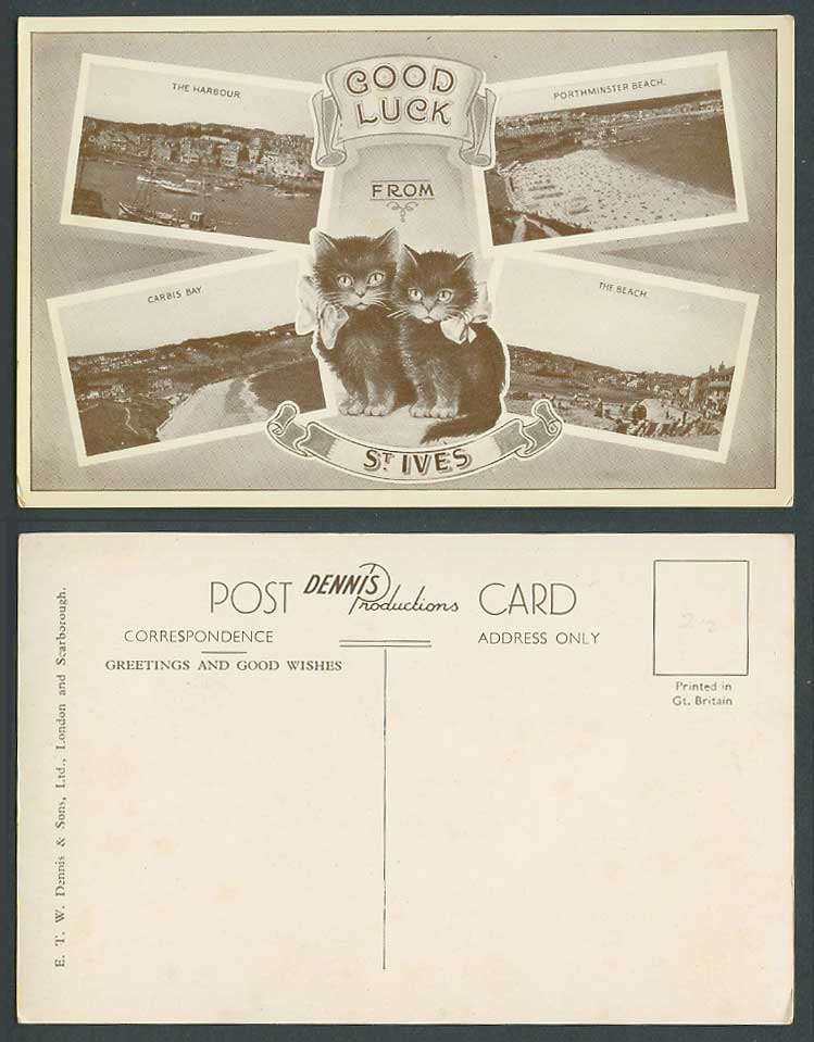 St. Ives Old Postcard Cats Kittens, Harbour, Carbis Bay Porthminster Beach Boats