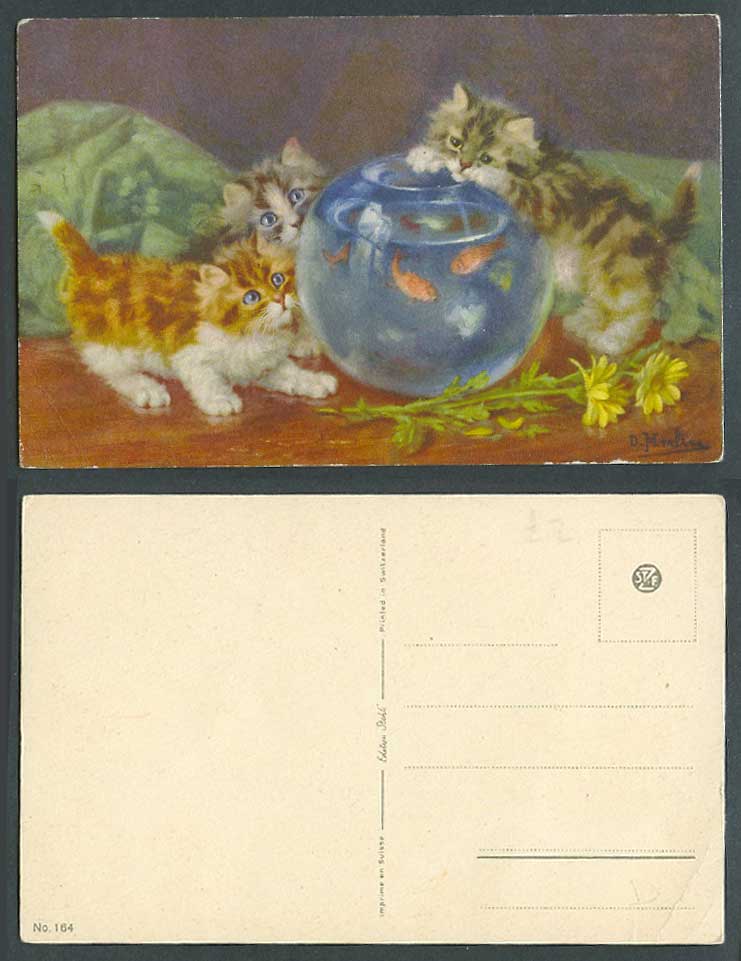 D. Mirlin Artist Signed, Cats Kittens & Goldfish Gold Fish Fishbowl Old Postcard
