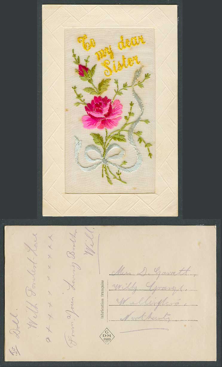 WW1 SILK Embroidered French Old Postcard To My Dear Sister, Roses Rose Flowers