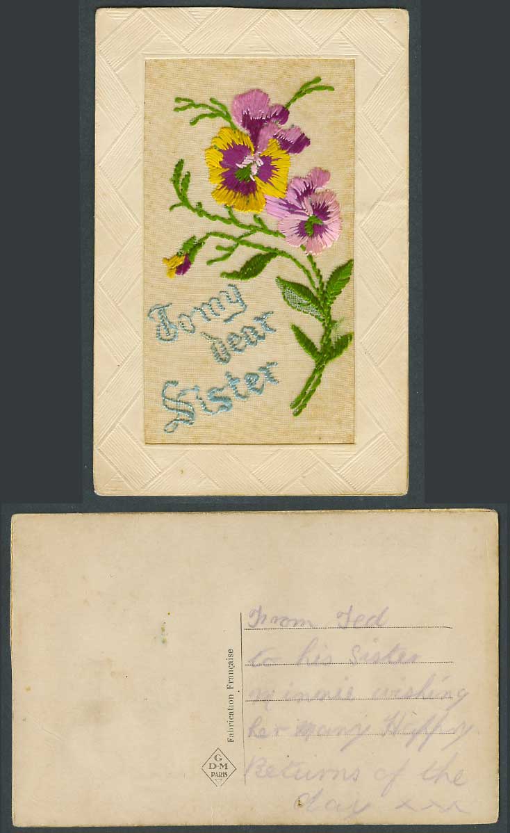 WW1 SILK Embroidered French Old Postcard To My Dear Sister Pansy Flowers Pansies