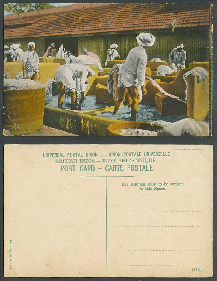 India Old Color Postcard Dhobies at Work Washing Clothes Native Washermen Basket