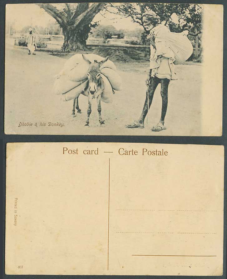 India Old Postcard The Dhobie and His Donkey, Native Washerman Street, Trees 407
