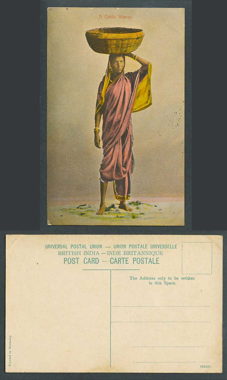 India Old Postcard A Coolie Woman Carrying a Basket on Head Traditional Costumes