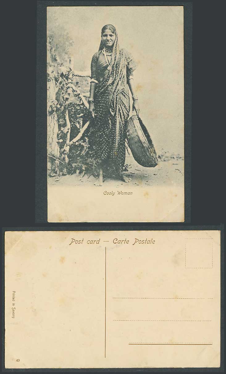 India Old Postcard Native Cooly Woman, Barefoot Lady Holding a Basket, Costumes