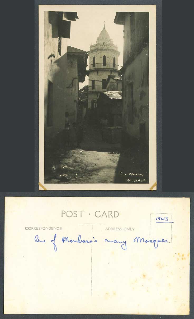 Kenya 1943 Old Real Photo Postcard Mombasa The Mosque Street Scene Native Houses