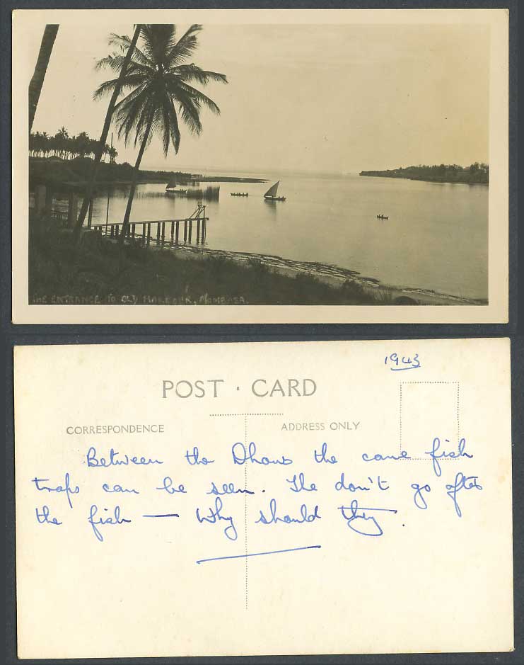 Kenya 1943 Real Photo Postcard Mombasa, Entrance to Old Harbour Dhows Fish Traps