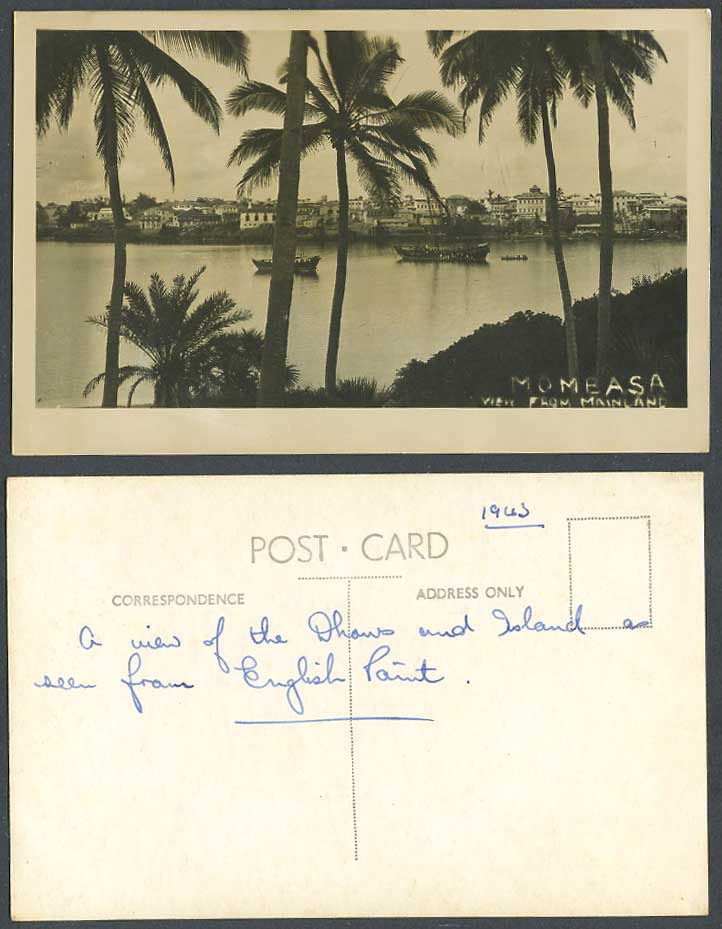 Kenya 1943 Old Real Photo Postcard Mombasa View from Mainland English Point Dhow