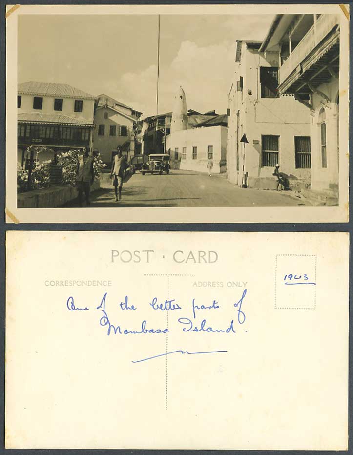 Kenya 1943 Old RP Postcard Mombasa Vascode Vasco da Gama Street Scene, Tower Car