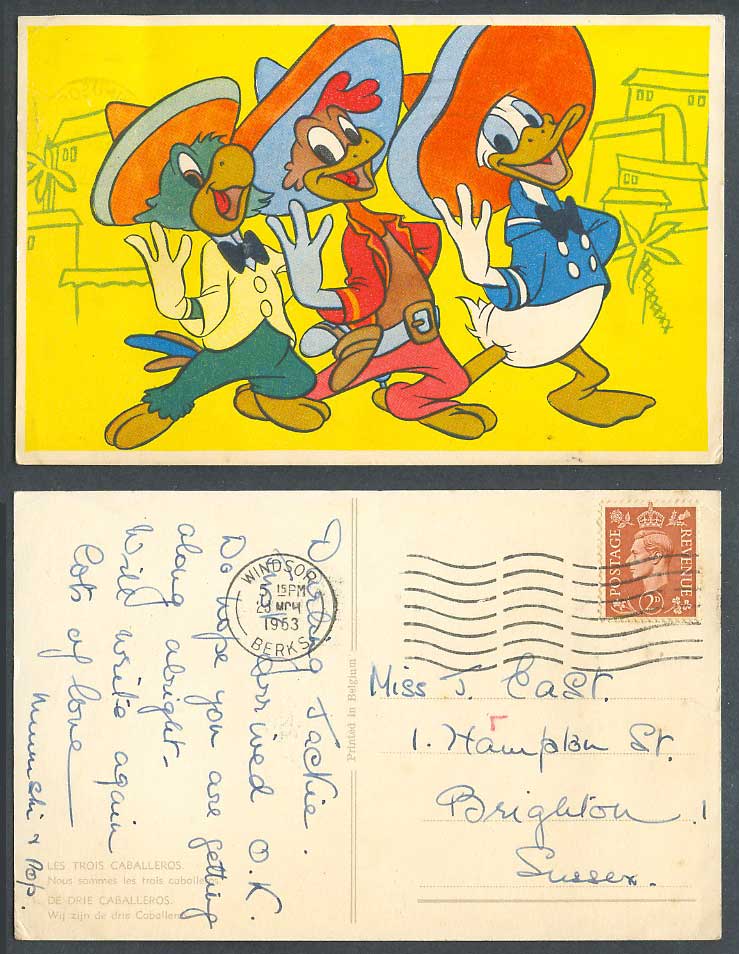 Walt Disney Trois Caballeros, Donald Duck Joe Carioca Panchito 1953 Old Postcard