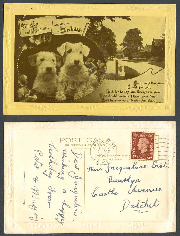 Dogs Dog Puppy All Joy and Happiness on Your Birthday 1941 Old Embossed Postcard