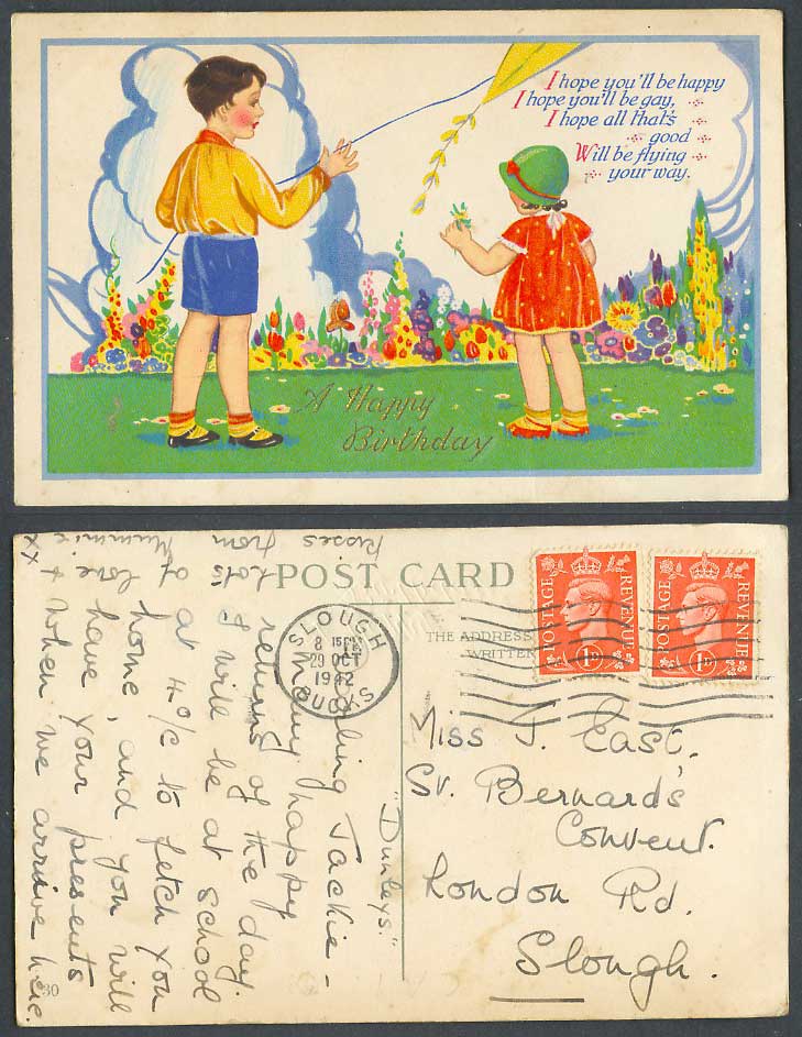 Girl Boy Flying a Kite, Flowers Children A Happy Birthday Greetings Old Postcard