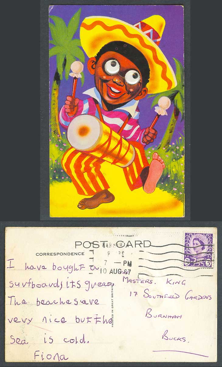 Novelty 1967 Old Postcard ROLLING EYES, Mexican Drummer Playing Drums, Hat Palms
