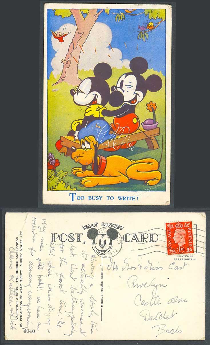 Walt Disney Mickey Mouse and Pluto Dog, Too Busy To Write 1938 Old Postcard 4040