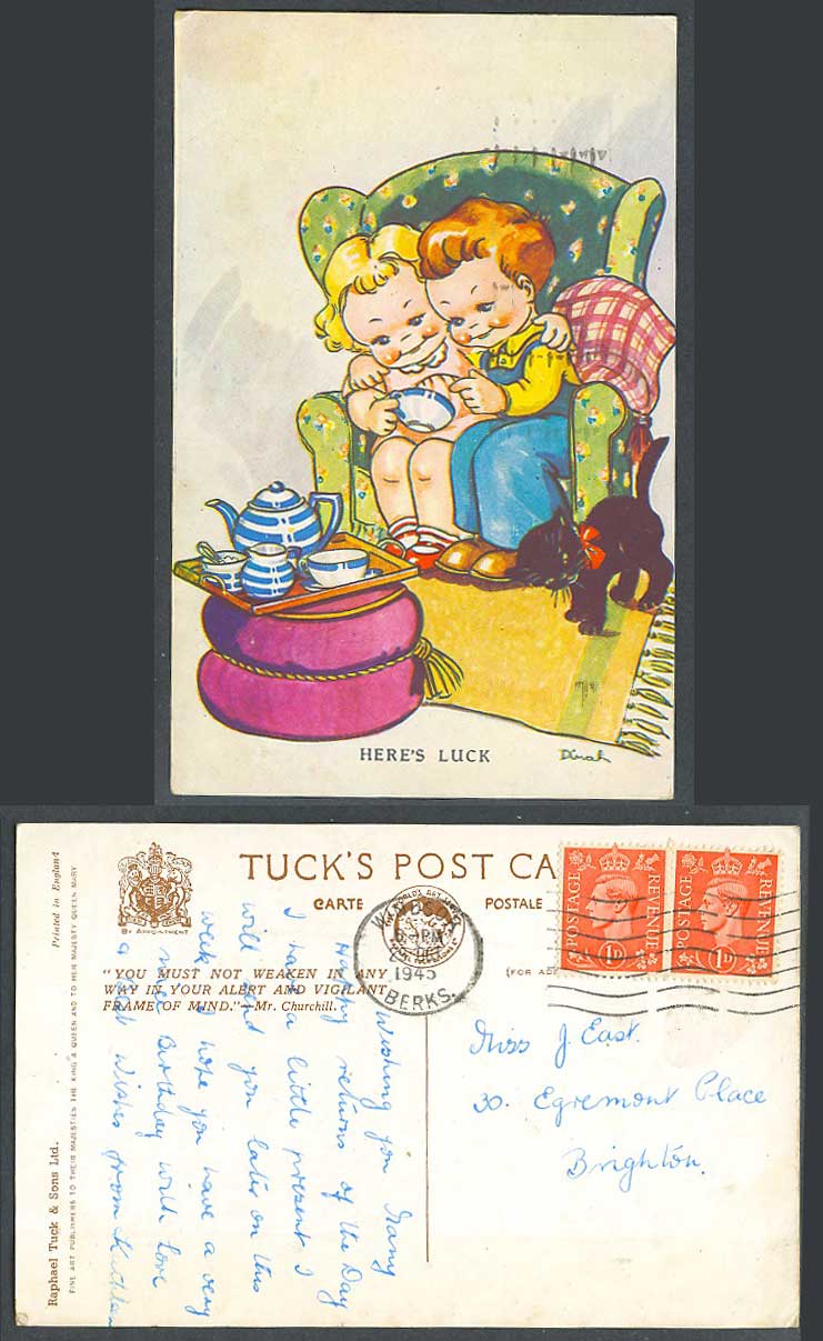 DINAH Artist Signed 1945 Old Tuck's Postcard Here's Luck Black Cat Kitten Teapot