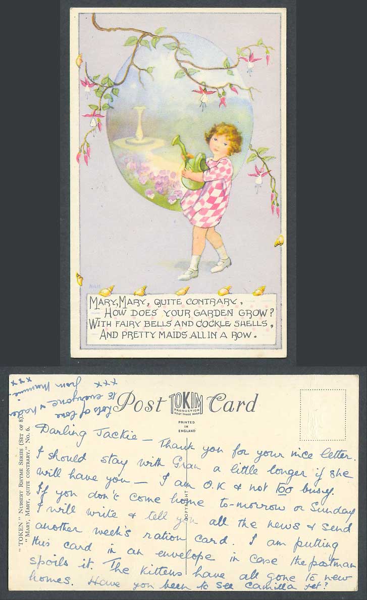 Token Nursery Rhyme Mary Mary Quite Contrary, How Your Garden Grow? Old Postcard