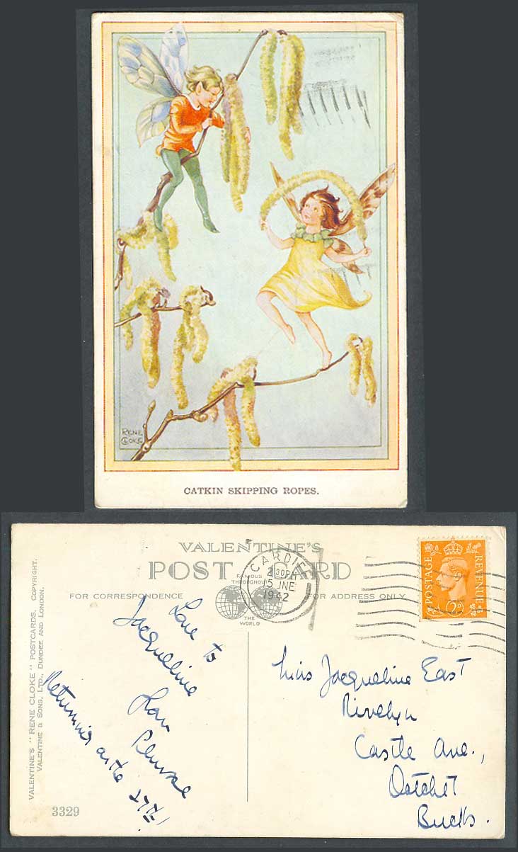 RENE CLOKE Artist Signed 1942 Old Postcard Catkin Skipping Ropes, Fairy Fairies