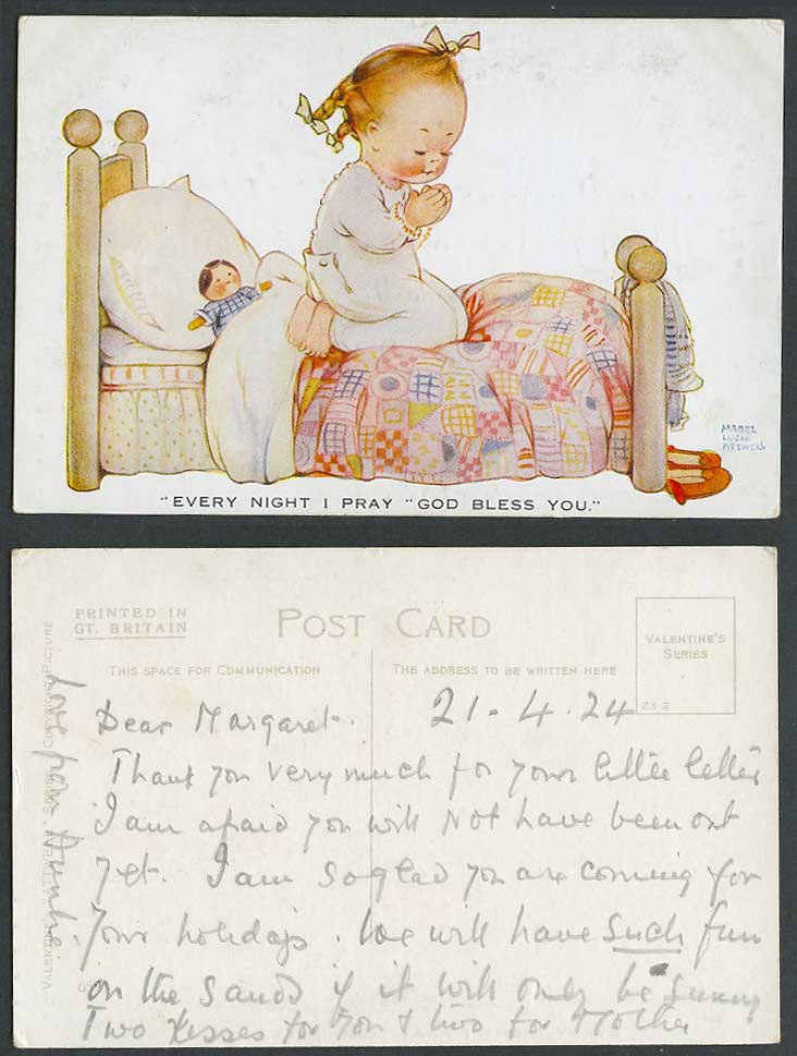 MABEL LUCIE ATTWELL 1924 Old Postcard Doll, Every Night I Pray God Bless You 659