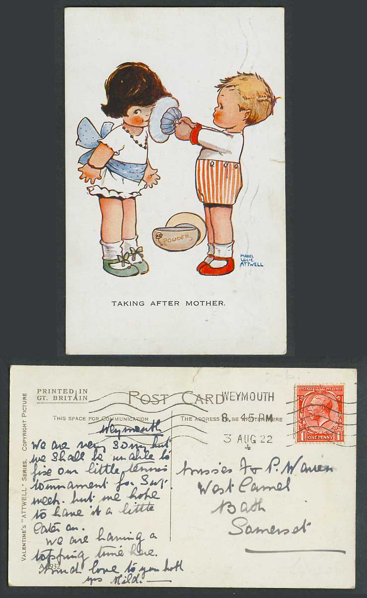 MABEL LUCIE ATTWELL 1922 Old Postcard Taking After Mother Girl Powder Puff A4932