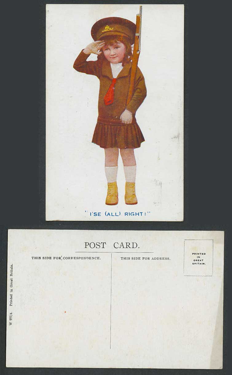 Little Girl Soldier Salute, I'se (All) Right, Gun, Military Uniform Old Postcard