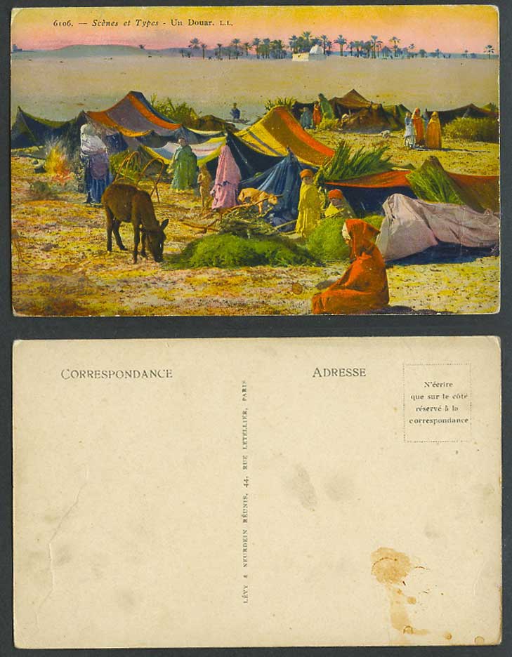 North Africa Old Colour Postcard Scenes et Types Un Douar Camp Tents Donkey 6106