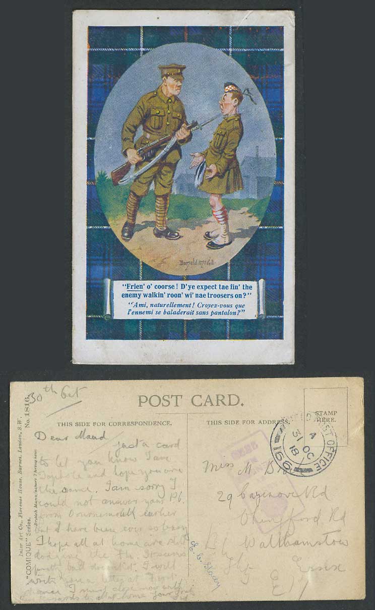 Donald McGill Censored 1918 Old Postcard Scottish Soldiers Gun, Frien' o' coorse