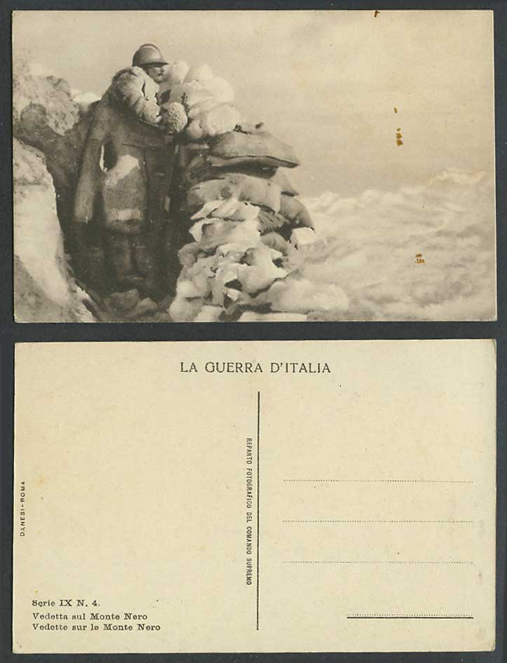 Military Soldier in Winter Snow, Lookout on Monte Nero, Italy, WW2 Old Postcard