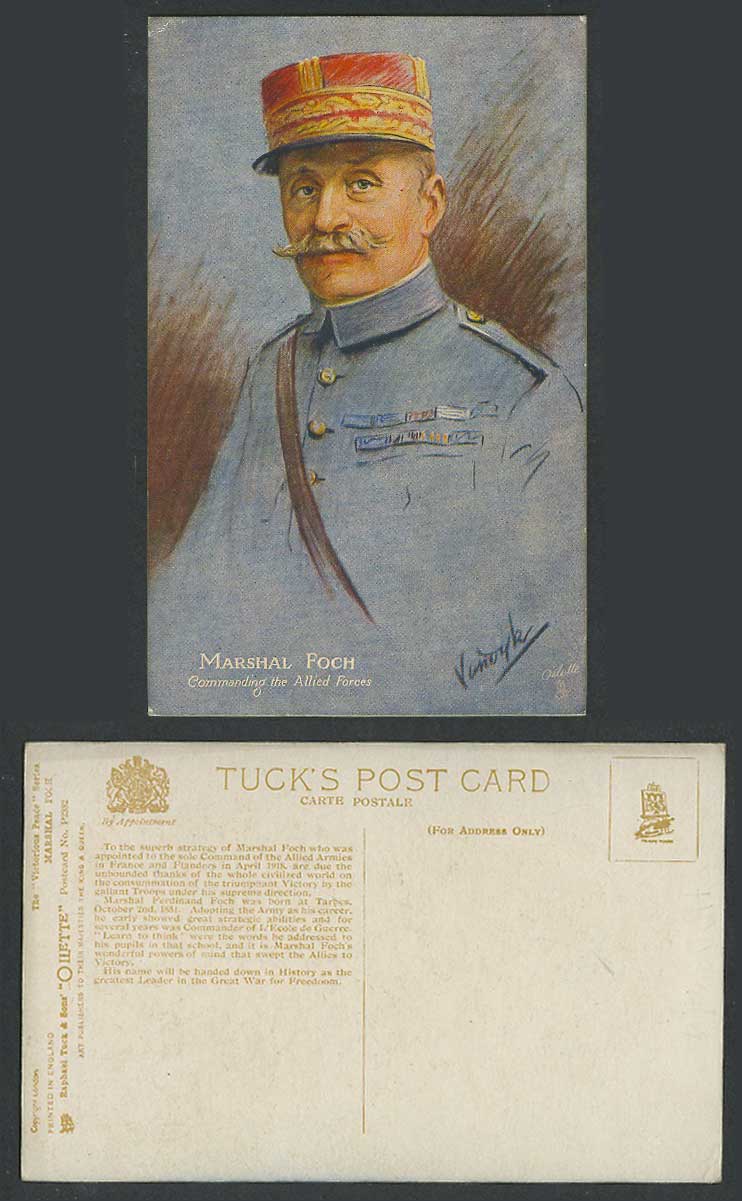 Marshal Foch Commanding The Allied, Vandyk Artist Signed Old Tuck's Postcard ART
