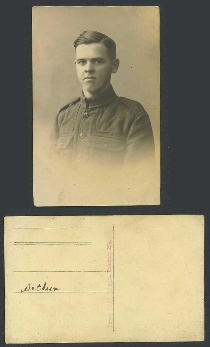 WW1 First World War Soldier Arthur wear Military Uniform Old Real Photo Postcard
