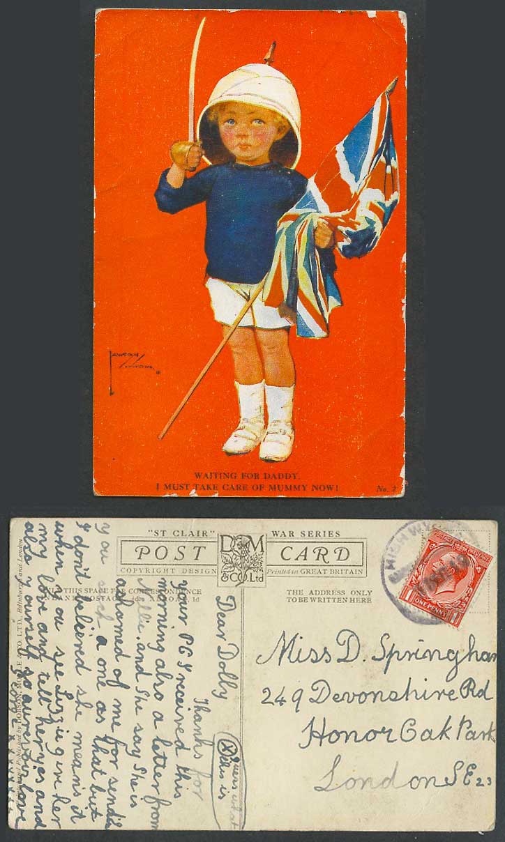 Lawson Wood 1918 Old Postcard Boy, Flag Sword, Wait for Daddy Take Care of Mummy