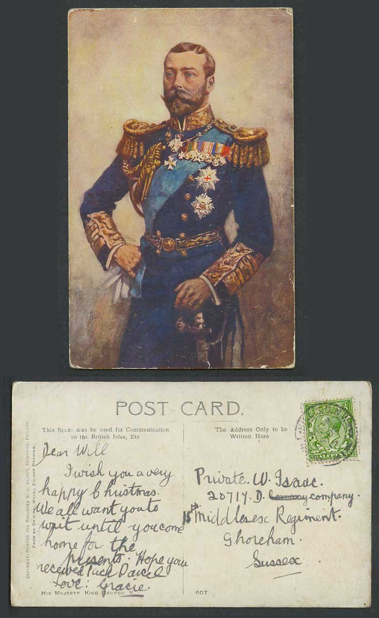 His Majesty King George V. KG5 KGV Uniform Artist Drawn 1915 Old Colour Postcard