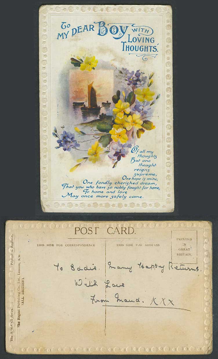 To My Dear Boy with Loving Thoughts Greetings Sailing Boats Flowers Old Postcard