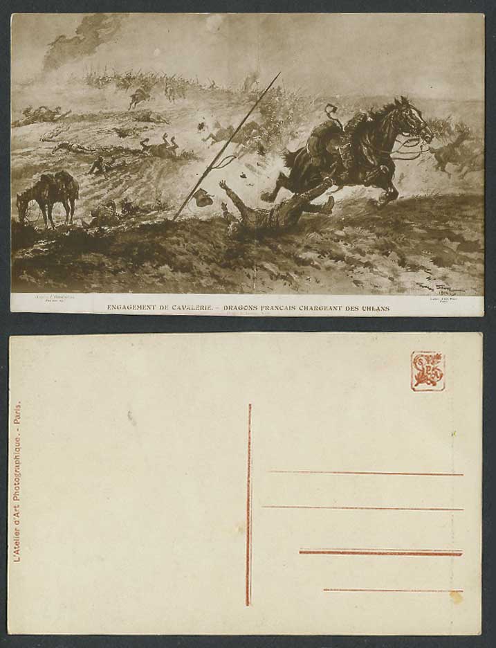 WW1 Artist Signed 1914 Old Postcard Horse Cavalry French Dragons Charging Uhlans