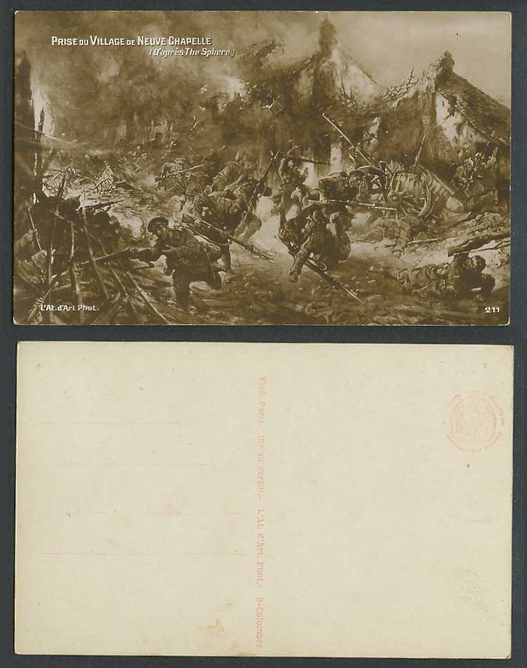 WW1 War Battle Scene Old Postcard Village de Neuve Chapelle (d'apres The Sphere)