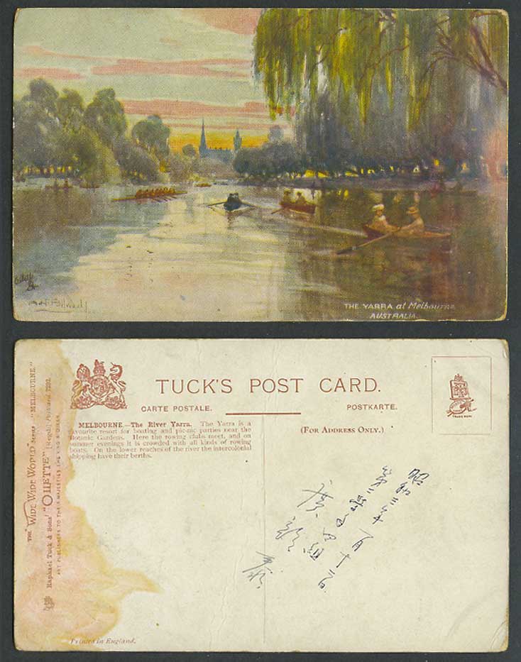 Australia 1928 Old Tuck's Oilette Postcard Yarra River Scene at Melbourne, Boats