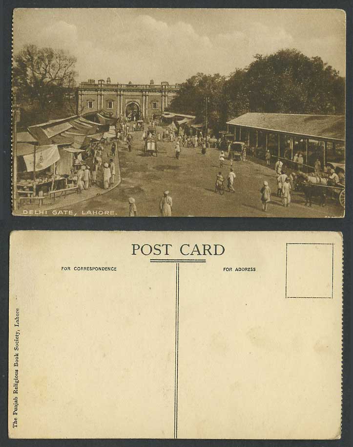 Pakistan Lahore Delhi Gate, Street Scene Carts Stalls Old Postcard British India