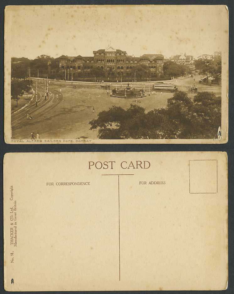 India Old Postcard Royal Alfred Sailors Home, Bombay, Street Scene TRAM Fountain