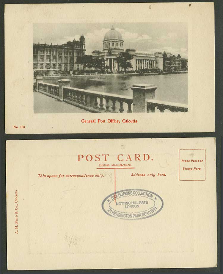 India Old Embossed Postcard General Post Office GPO G.P.O. Calcutta, A.H. Perris