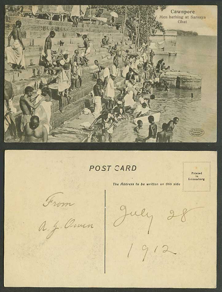 India 1912 Old Postcard Cawnpore Men Bathing at Sarsaya Ghat Native Bather Steps
