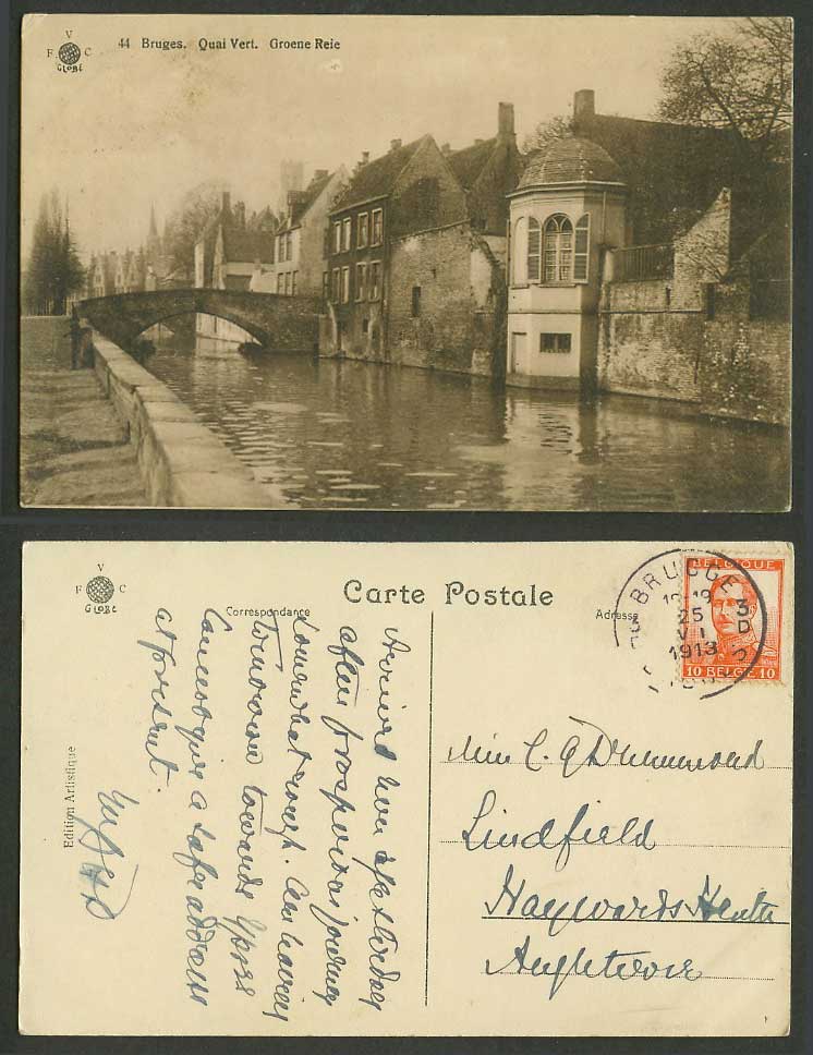 Belgium 10c 1913 Old Postcard Bruges Brugge, Quai Vert Quay, Groene Reie, Bridge