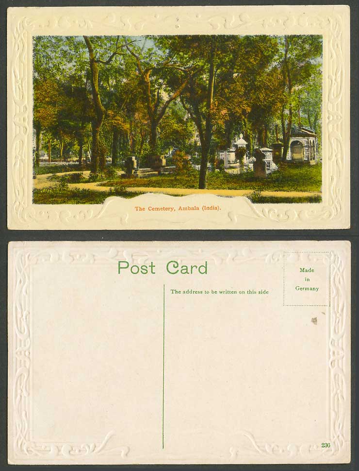India Old Embossed Postcard The Cemetery Ambala, Tombs Graves Tombstones, Colour