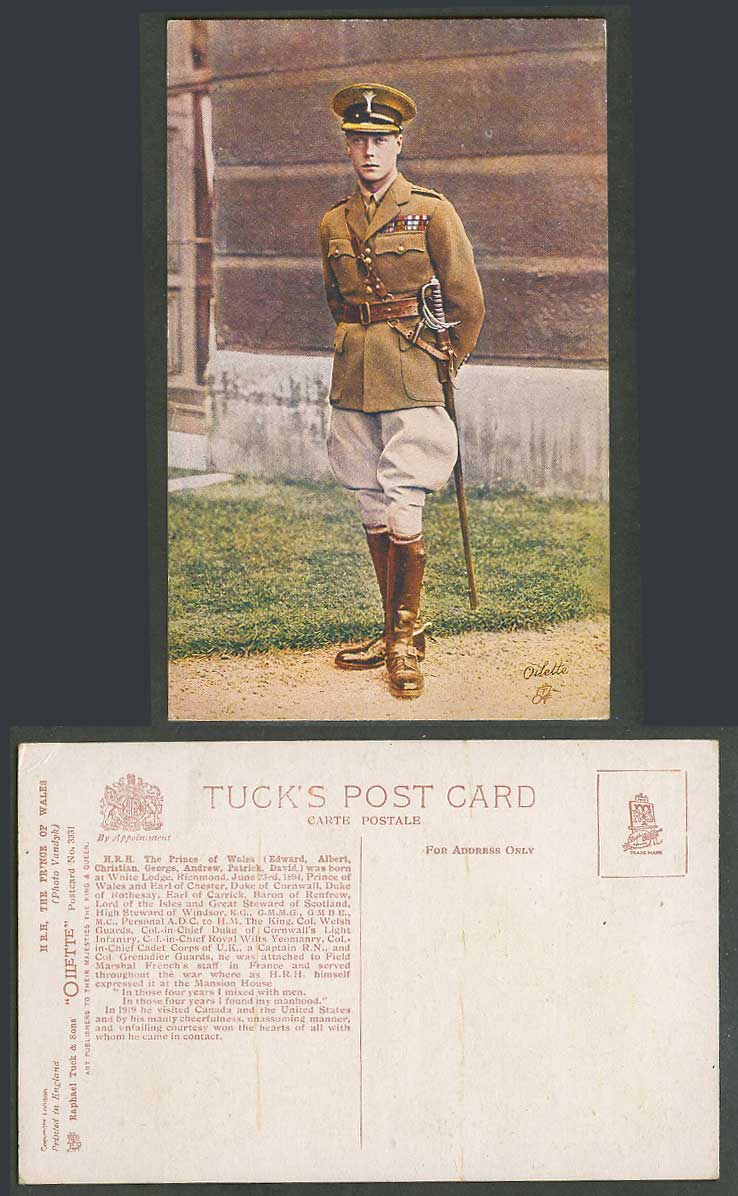 H.R.H. The Prince of Wales, Photo Vandyk, Sword, Hat Old Tuck's Oilette Postcard